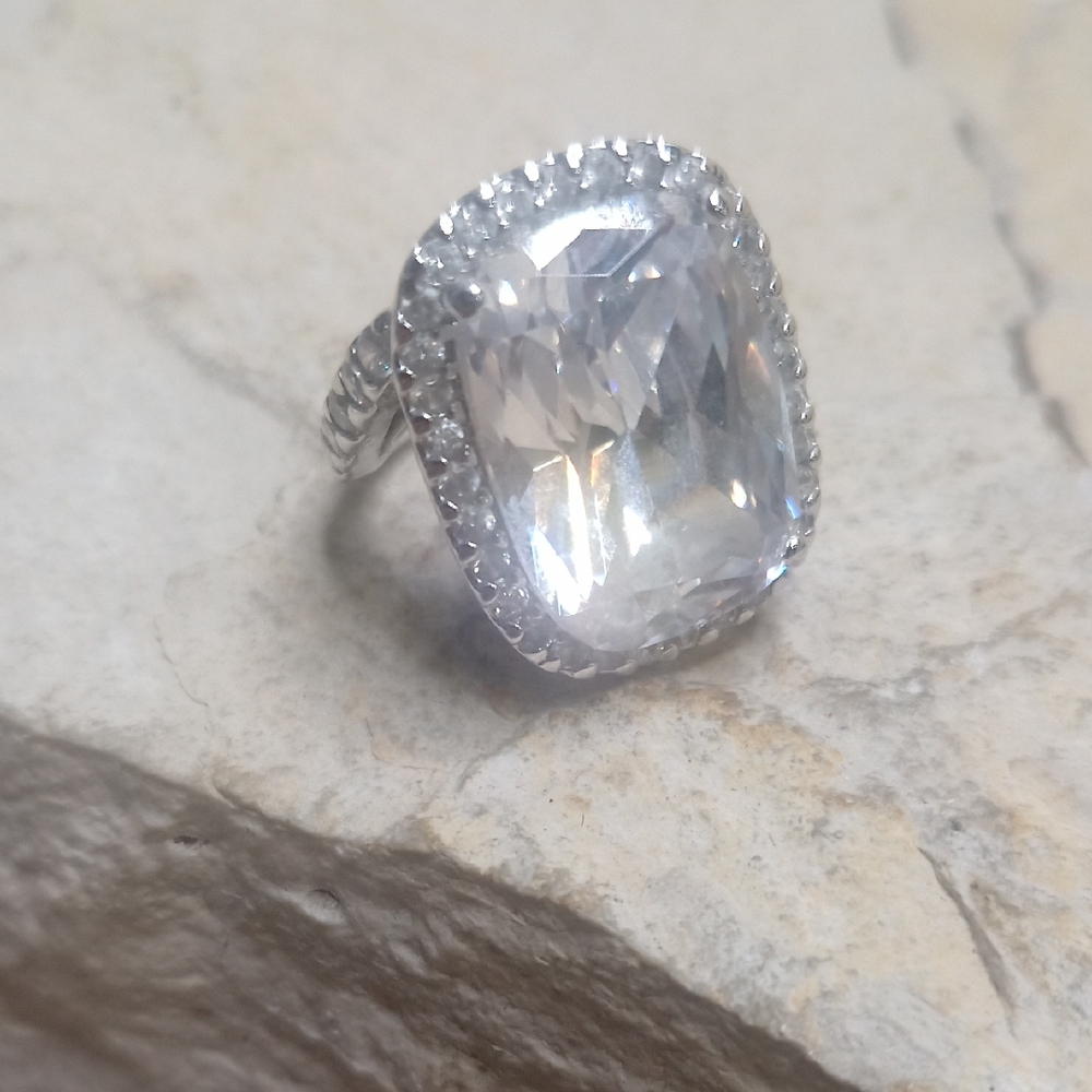 Silver Tone Statement Crystal Ring - image 1